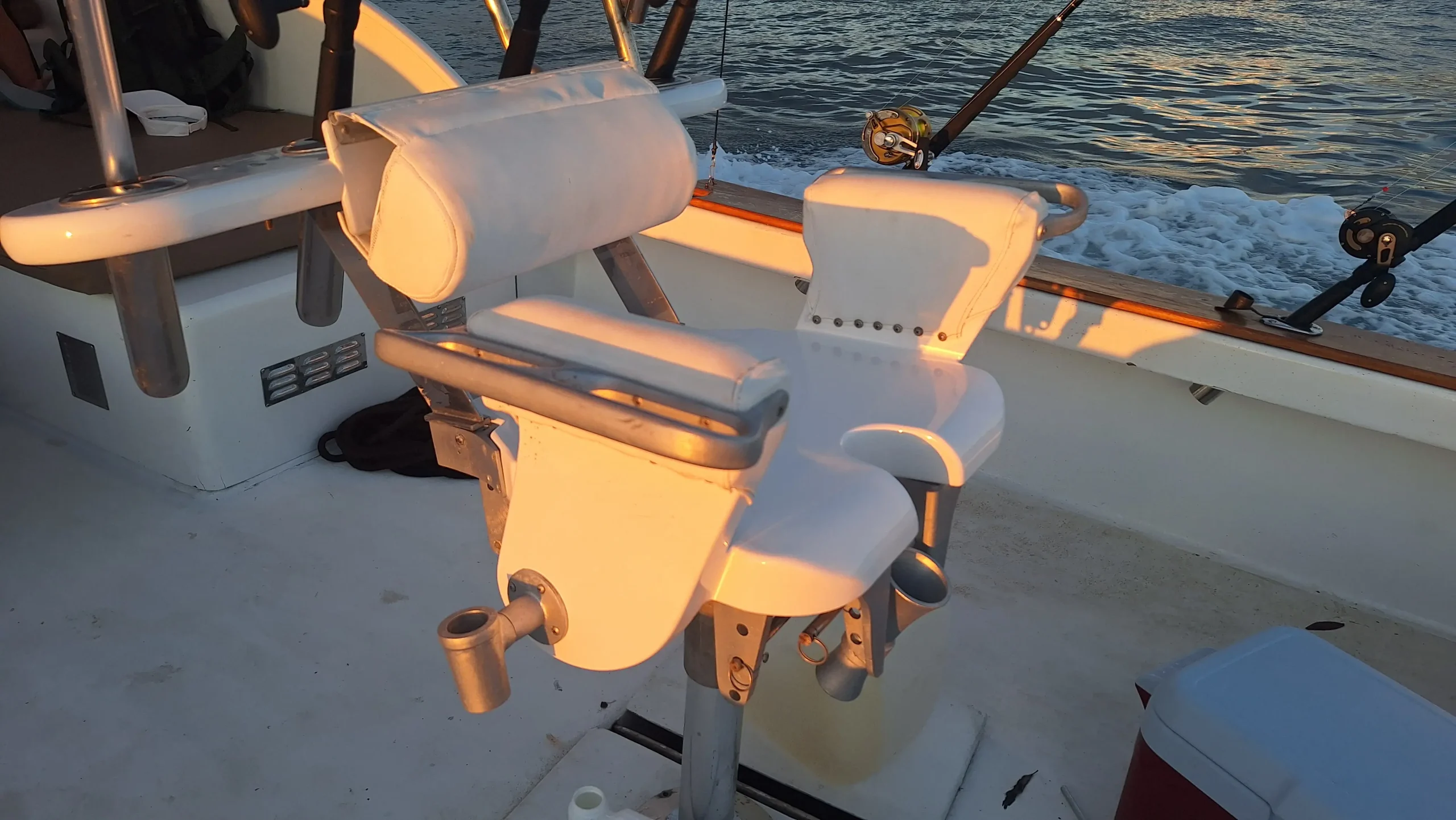 Fishing rod and reel setup aboard the Fighting Rooster boat